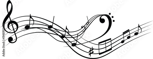 Abstract Musical Notes and Staff Wave Design with Treble Clef, Melody Symbols, and Flowing Music Composition Vector Illustration