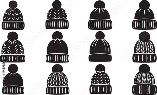 Collection of various knitted winter hats in black and white