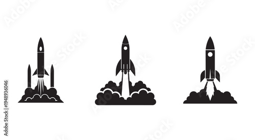 Rocket launch icons in black silhouette on white background for business and technology concepts  space exploration and innovation symbols