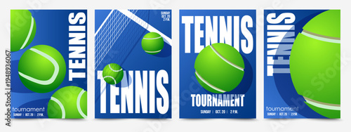 Tennis sport poster set. Minimalist blue tennis court and tennis ball. Design template for tennis tournament. Sport game invitation cards for promotions and advertising campaigns designs. Vector