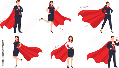 Business Superhero Character Collection with Red Cape, Confident Poses, and Corporate Leadership Success Concept Illustrations