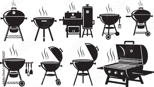 Various Black and White BBQ Grill Illustrations Collection