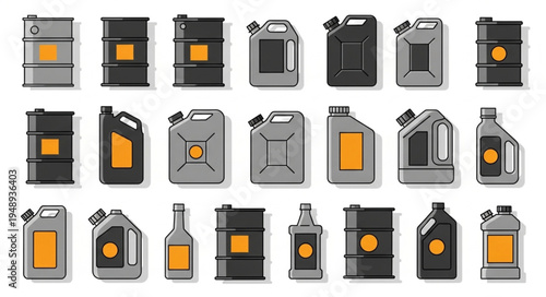 Collection of Oil and Fuel Containers - Barrels, Jerrycans, and Bottles.