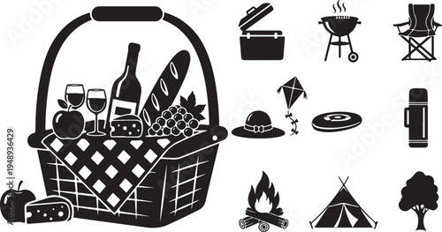 Picnic Basket with Wine and Food Items Illustration Set