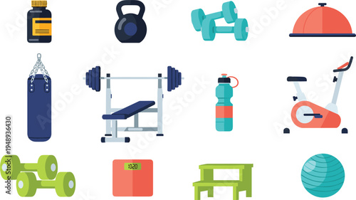 Gym Fitness Equipment Collection with Dumbbells, Kettlebell, Bench Press, Exercise Bike, Punching Bag, Water Bottle, and Workout Accessories