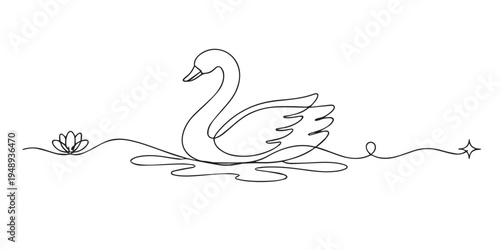 single line swan swimming.continuous line drawing of swan floating on river water.peaceful nature concept.one line vector illustration.