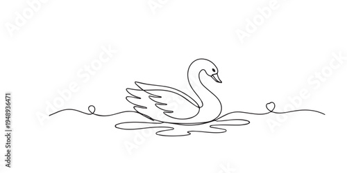 single line swan swimming.continuous line drawing of swan floating on river water.peaceful nature concept.one line vector illustration.