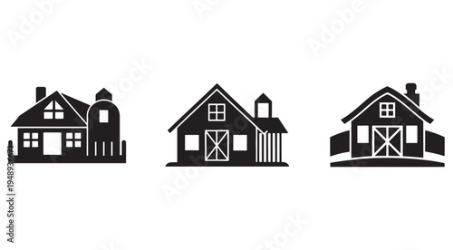 Set of farmhouse and barn silhouettes in various styles  rural landscape icons