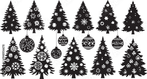 Black and white Christmas trees with ornaments and snowflakes