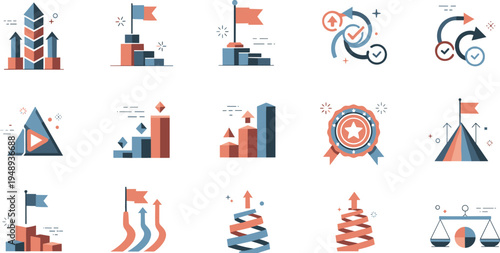 Abstract Business Growth and Achievement Icon Set with Bar Charts, Progress Arrows, Award Badge, Goal Tracking, and Strategy Symbols
