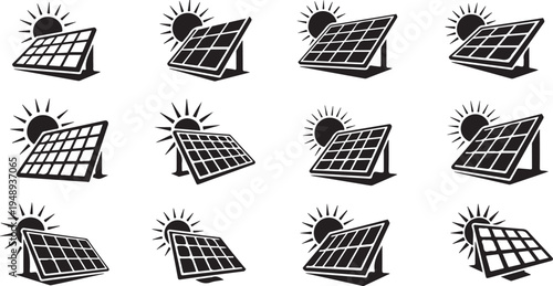 Solar panels with sun icons in various angles illustration