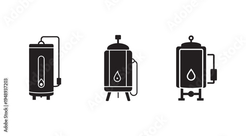 Set of three black water heater tanks with white outlines and water drop symbols on front  industrial equipment for hot water supply systems