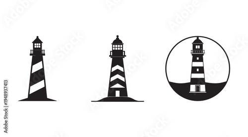 Set of three different black and white lighthouse silhouettes with distinctive striped patterns and architectural details on white background