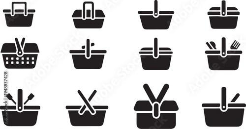 Various Black Shopping Baskets with Different Items Inside Icons