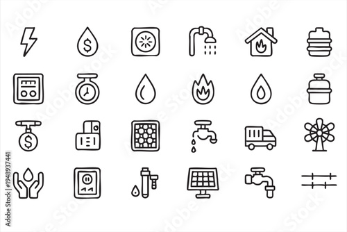 Electricity Water and Gas Utility Outline Icons with Renewable Energy Symbols