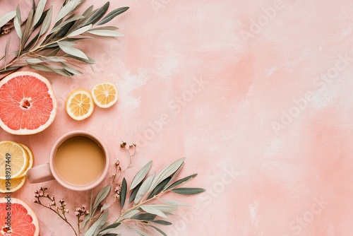 Flatlay of citrus fruits, cup, and leaves on a textured, blush-pink backdrop