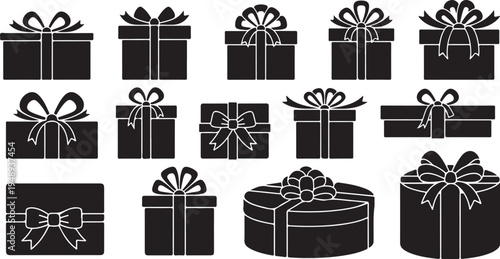 Collection of black gift boxes with ribbons and bows