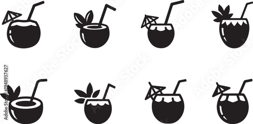 Black and white coconut drink icons with straws and umbrellas