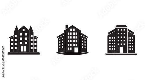 Set of three different black house silhouettes with white windows and doors on white background  residential buildings  architecture  urban homes