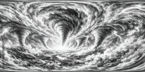 Dramatic monochrome storm vortex swirling through turbulent clouds, abstract disaster sky illustration with intense motion, powerful cyclone energy, apocalyptic atmosphere and dynamic weather concept