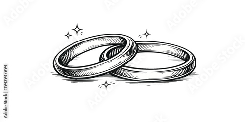 Elegant hand-drawn wedding rings illustration on white background, romantic engagement and marriage symbol, detailed jewelry sketch with shining highlights, love commitment concept and timeless union.