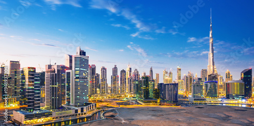 Aerial View of Dubai Marina Skyline, Luxury Waterfront Hotels and Residential Towers, UAE