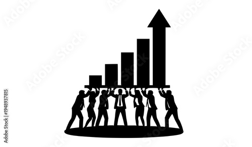 Group of business professionals lifting bar chart with upward arrow silhouette showing teamwork and collaborative growth