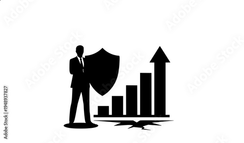 Man holding shield protects against economic recession and financial crisis, charts up