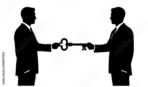 Two business partners holding large vintage key silhouette symbolizing partnership and unlocking potential opportunities