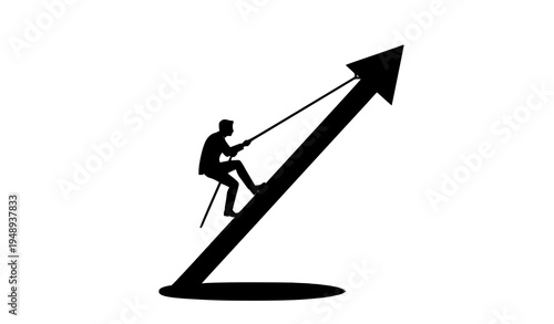 Silhouette of man climbing rising arrow using rope representing hard work and dedication toward business success