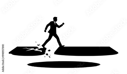 Businessman silhouette jumping across gap over crumbling ground representing risk taking and overcoming business failure