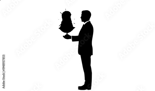 Silhouette of person holding glowing bust on pedestal against white background.