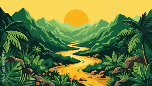 Flat Design Tropical River Valley Landscape at Sunset