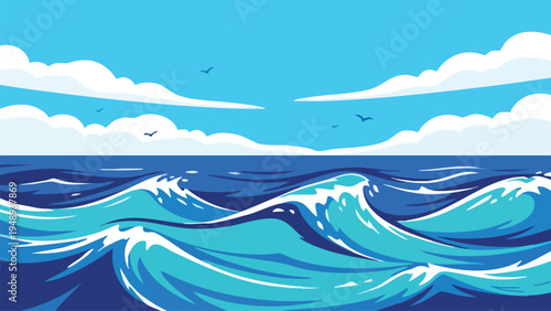 Blue Ocean Waves with Clouds and Birds Illustration