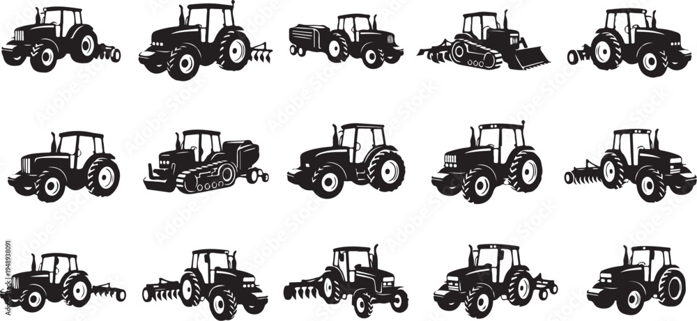 Obraz premium Tractors in various forms and attachments illustration set