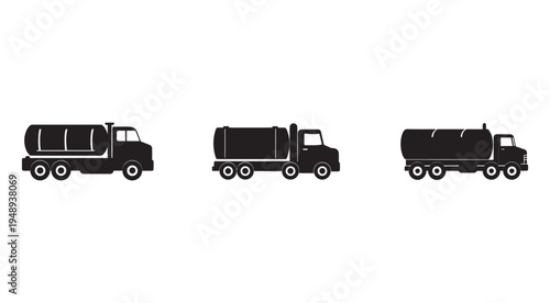 Silhouette of three different tanker trucks side view  industrial vehicles with large cylindrical tanks for transporting liquids or gases  no background