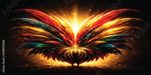 Glowing phoenix with multicolored fiery wings beneath radiant light, detailed fantasy bird illustration on dark background, luminous feathers, mystical rebirth symbolism, dramatic energy and aura glow