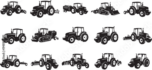 Tractors in various forms and attachments illustration set
