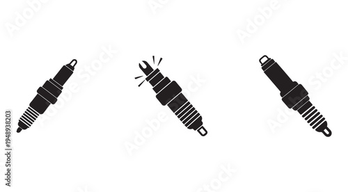 Spark plug icons set  black and white  simple design  car engine parts  automotive symbols  isolated on white background