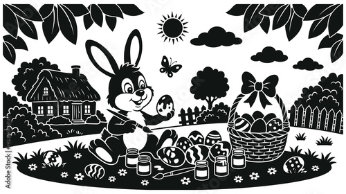 Happy easter holiday coloring page black and white outline for kids