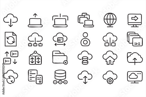 Cloud storage upload download backup and database line icons set for modern technology interface design