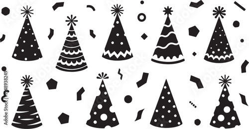 Black and White Party Hats with Confetti Illustration