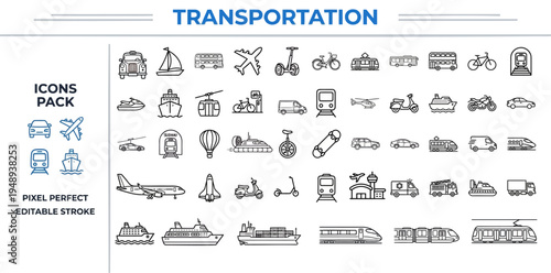 Transportation and Vehicles Outline Vector Icon Set — Car, Bus, Train, Airplane, Boat, Bicycle, Ship, Truck, Scooter, Public Transit, Editable Stroke Icons