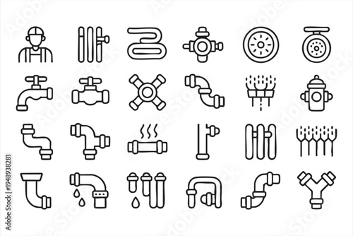 Plumbing pipeline and water valve line icons set for construction engineering and industrial maintenance design