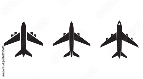 Three airplane silhouettes in different angles on white background  front and back views of commercial jets