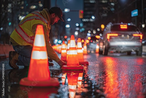 A person in a safety vest adjusts traffic cones on a wet street at night