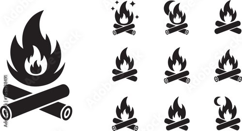 Campfire icons set with flames and logs on white