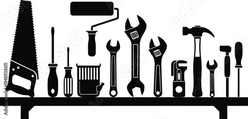 A collection of various tools on a shelf