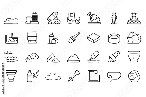 Construction materials and concrete mixing outline icons including cement sand foundation and tools