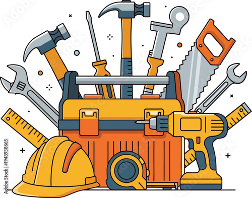 A collection of construction tools and equipment